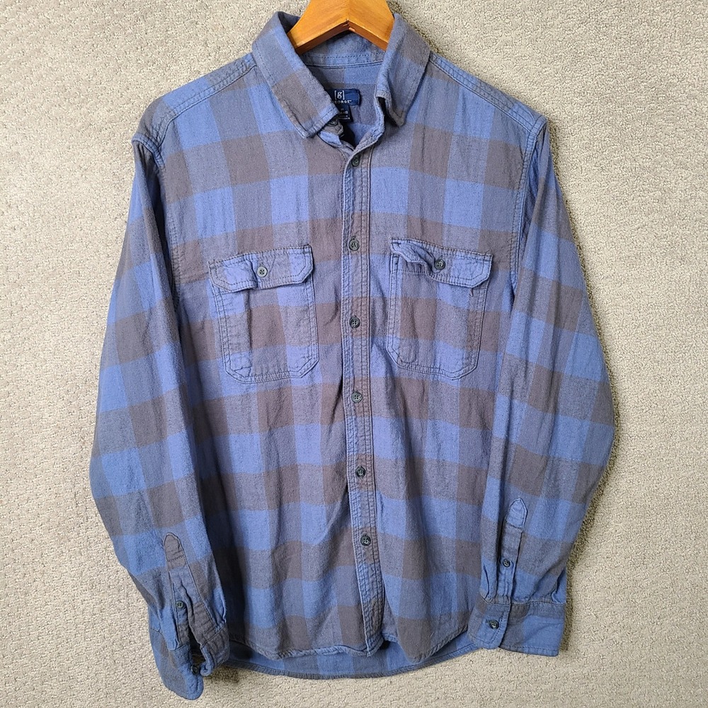 George Shirt Mens M Blue Plaid Button Down Flannel Cotton Rayon Long Sleeve
